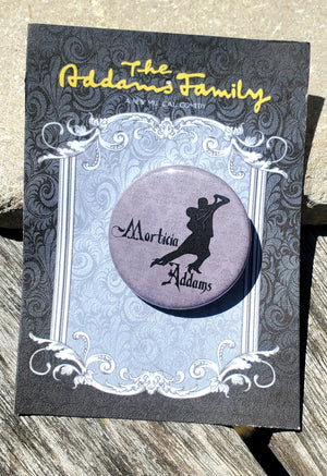 ADDAMS FAMILY "Morticia Addams" Metal Pinback Button ADDAMS FAMILY "Morticia Addams" Metal Pinback Button