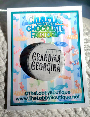CHARLIE AND THE CHOCOLATE FACTORY "Grandma Georgina" Metal Pinback Button CHARLIE AND THE CHOCOLATE FACTORY "Grandma Georgina" Metal Pinback Button