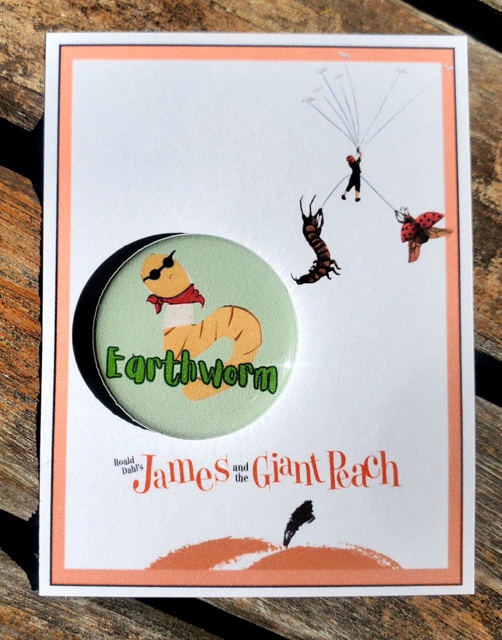 JAMES AND THE GIANT PEACH "Earth Worm" Metal Pinback Button